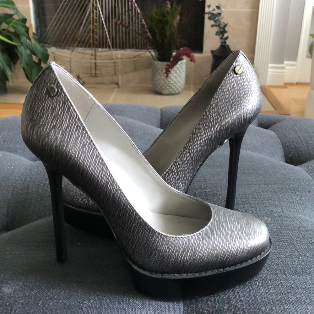 Calvin Klein silver, grey, and black heels